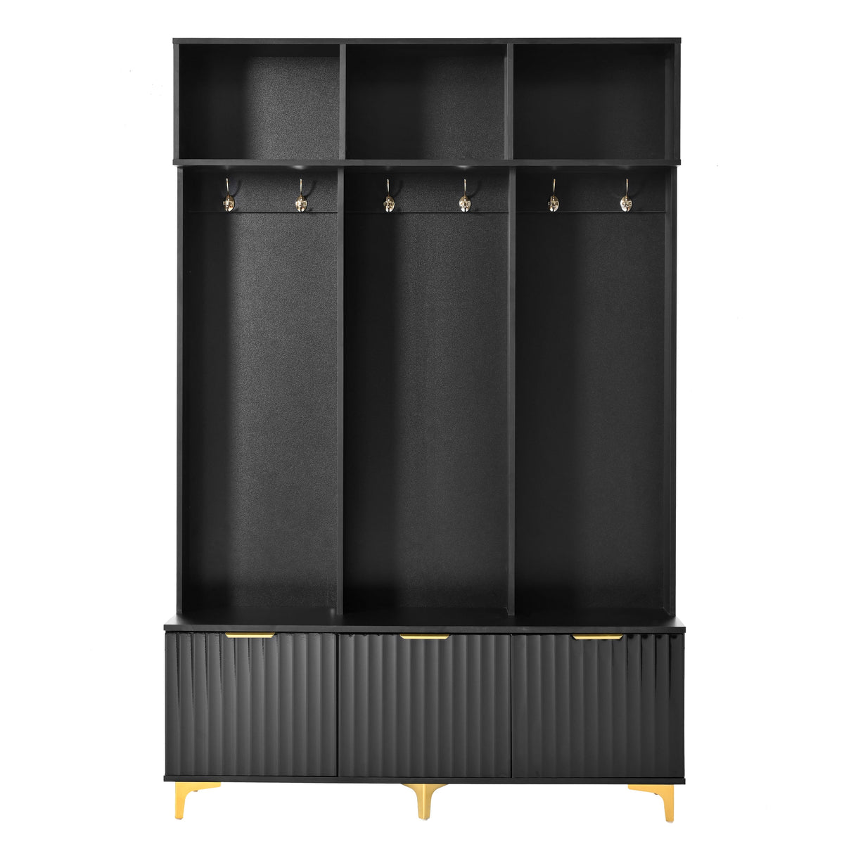 Euroco Modern Hall Tree with High Gloss Fluted Doors, Gold Accents, Shoe Storage & Bench a?? Entryway Organizer with Cubbies and Coat Hooks