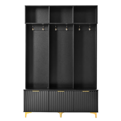 Euroco Modern Hall Tree with High Gloss Fluted Doors, Gold Accents, Shoe Storage & Bench a?? Entryway Organizer with Cubbies and Coat Hooks