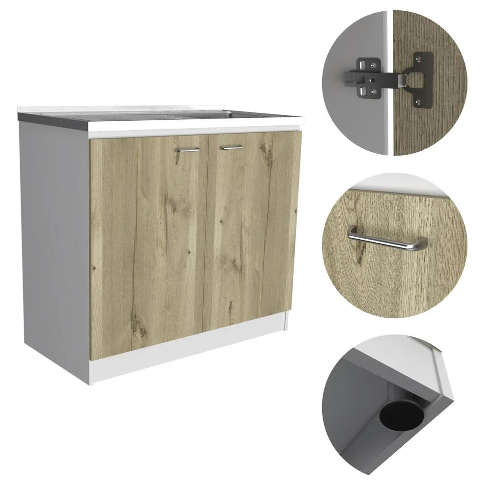 Depot E-Shop Salento Freestanding Sink With Double Door Cabinet, 2 Shelves, White/Light Oak