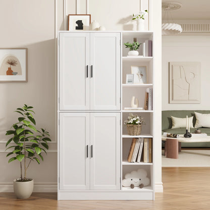 63" Tall Kitchen Pantry, Kitchen Pantry Cabinet with 4 Doors and Adjustable Shelves, Storage Cabinet for Dining Room, Laundry Room, Oak
