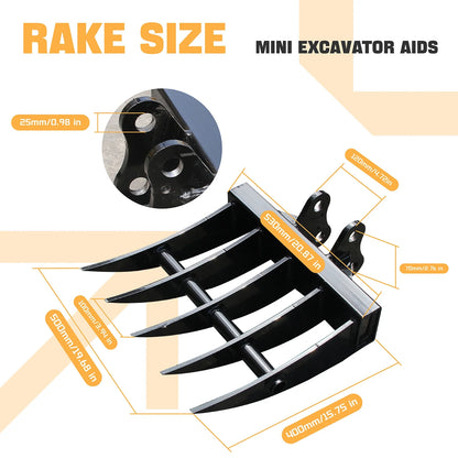 MachPro Mini Excavator Rake, 31'' Mini Excavator Attachments, 9 Tooth Wide Backhoe Digger Accessories Rake Use for Land Clearing, Debris Removing