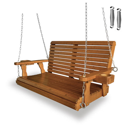 Fortune Candy 3 Person Outdoor Wood Hanging Swing, Heavy Duty 880 lbs Wood Porch Swing, Brown-5ft
