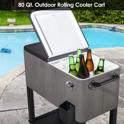 BNSPLY 80 Quart Outdoor Cooler Cart Rolling Ice Chest Cooler Cart, Portable Patio Cooler with Bottle Opener, Handles and Drainage, Standing Cooler for Patio Party, Camping and BBQ, Mint Green