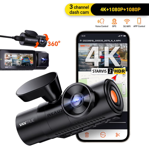 Vantrue Nexus 4  Pro 3 Channel 4K WiFi Dash Cam, STARVIS 2 IMX678 Night Vision, Voice Control, HDR, 24 Hours Parking Mode, Support 512GB Max