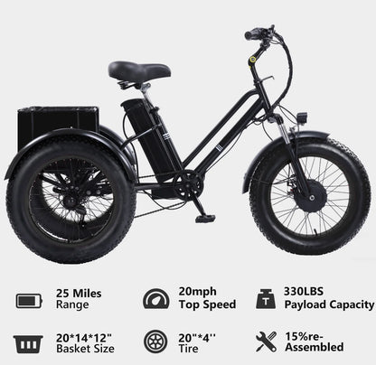 YEBEI Electric Tricycle for Adults Folding E-Trike Motorized Tricycle Electric 3 Wheels Trike Powerful 500W Motor Electric Tricycle 48V15AH Lithium Battery Max 20MPH 20*4.0” Fat Tire Orange
