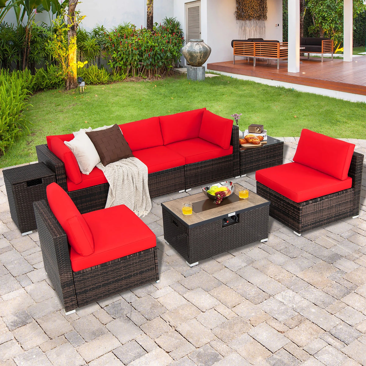 Costway 8PCS Patio Rattan Furniture Set Fire Pit Table Tank Holder Cover Deck Black