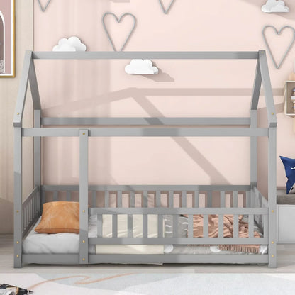 Twin Size House Bed for Boys and Girl, Wooden Canopy Bed Tent Bed, Playhouse Design Bed Frame with Full-lenth Guardrail, Bedroom Furniture, 79.5��L x 44.8��W x 66.2��H, White