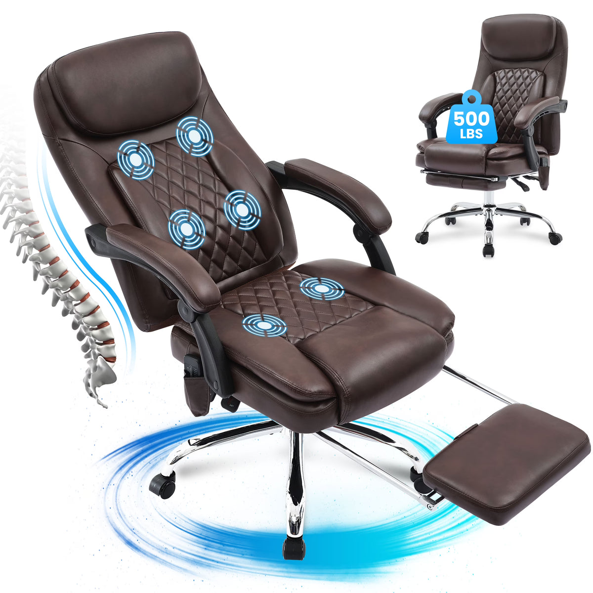 JONPONY Big and Tall Office Chair 500LBS Executive Office Chair Massage and Footrest Ergonomic Computer Desk Chair Reclining High Back Leather Office Chair Lumbar Back Support Swivel Rolling,Black