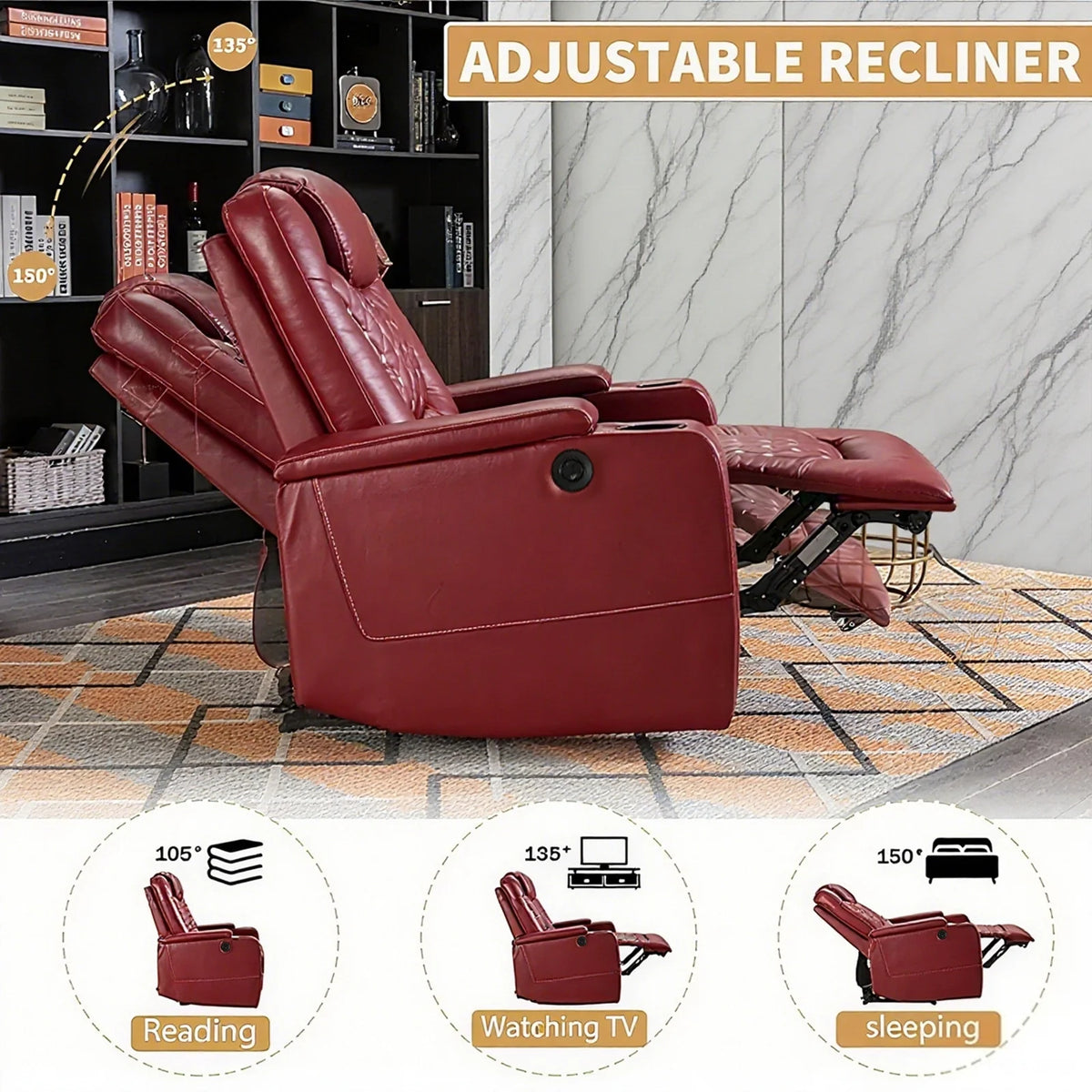 Bonzy Home Overstuffed Electric Home Theater Seating PU Leather Reclining Furniture with with USB Ports and Cup Holders and Hidden Arm Storage - Black