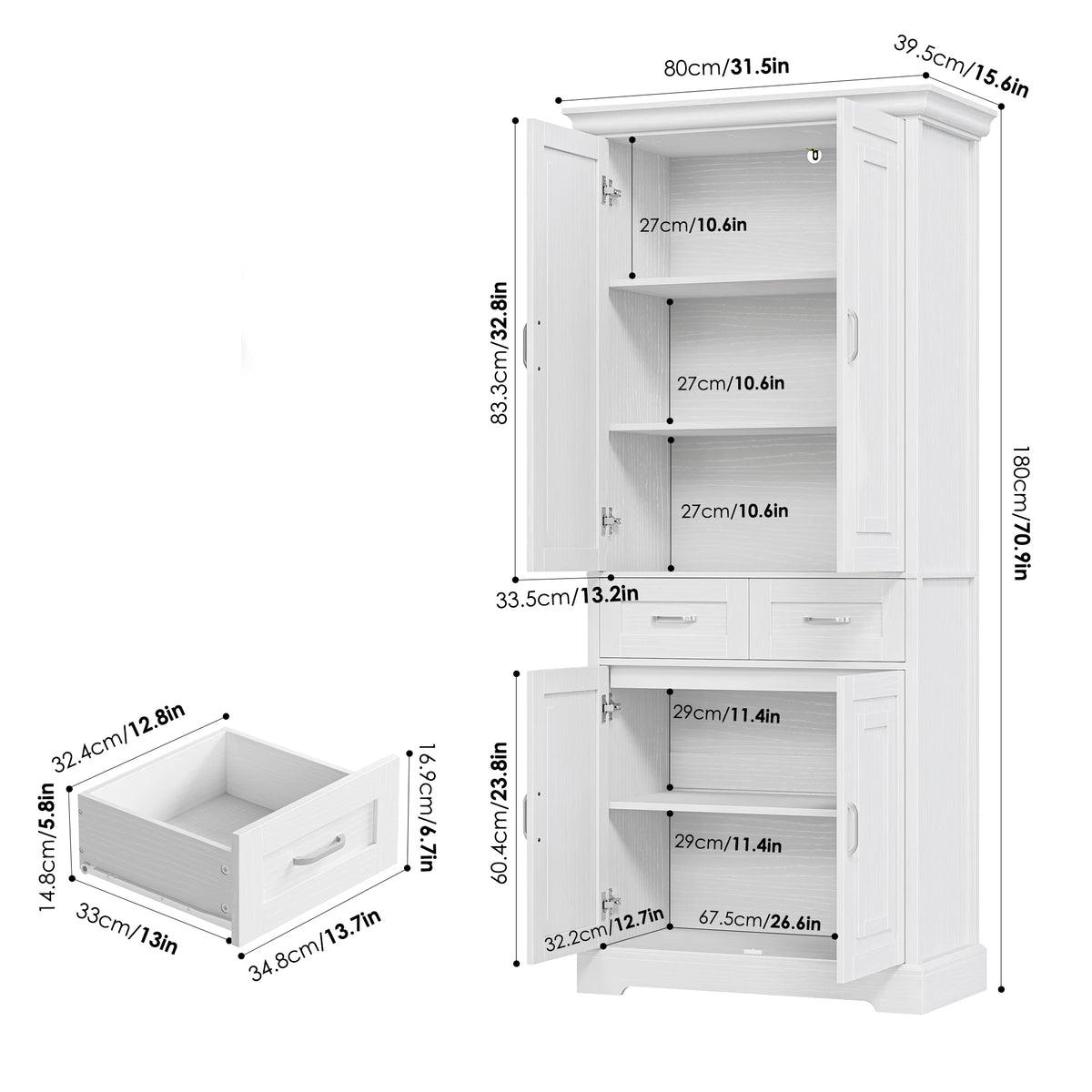Homfa 70.9'' Tall Kitchen Pantry with 4 Doors, 2 Drawer Modern Freestanding Storage Cabinet for Dining Room Living Room, White