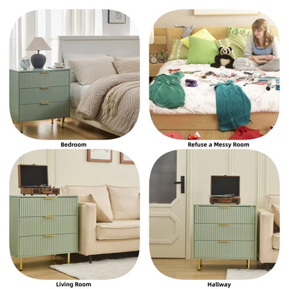 HRYJ White Large 3 Drawers Nightstand Dresser Fluted Wood Night Stand Bedside Table for Bedroom