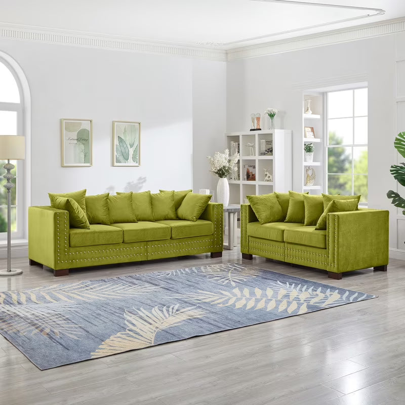 Modern Velvet Sofa Set 2+3 Seater Sofa Loveseat Couch with Silver Nail Trim, Square Armrests and Hidden Storage, Luxury Living Room Couch with Pocket Spring Cushions