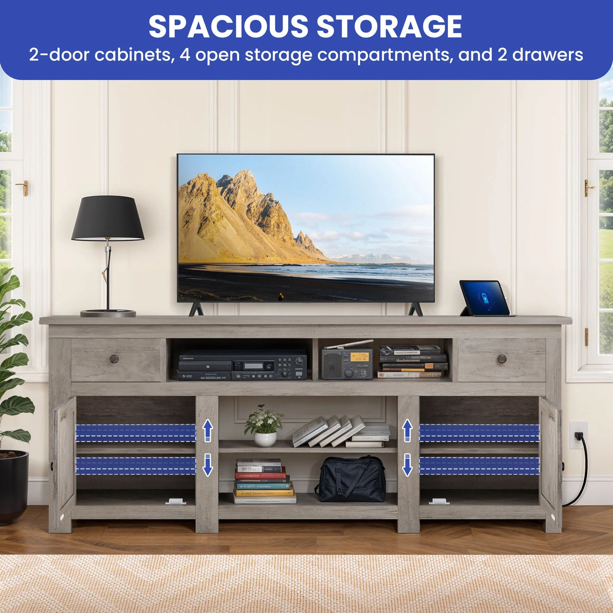 Uforic Farmhouse TV Stand for 75/80 Inch TV, Rustic Entertainment Center with Power Outlet, Storage Drawers, TV Console for Living Room, Oak