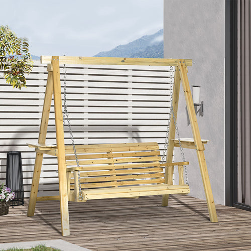 Outsunny 2-Seat Outdoor Swing Chair, Porch Swing with Stand and Side Tables, for Garden, Poolside, Backyard, Natural