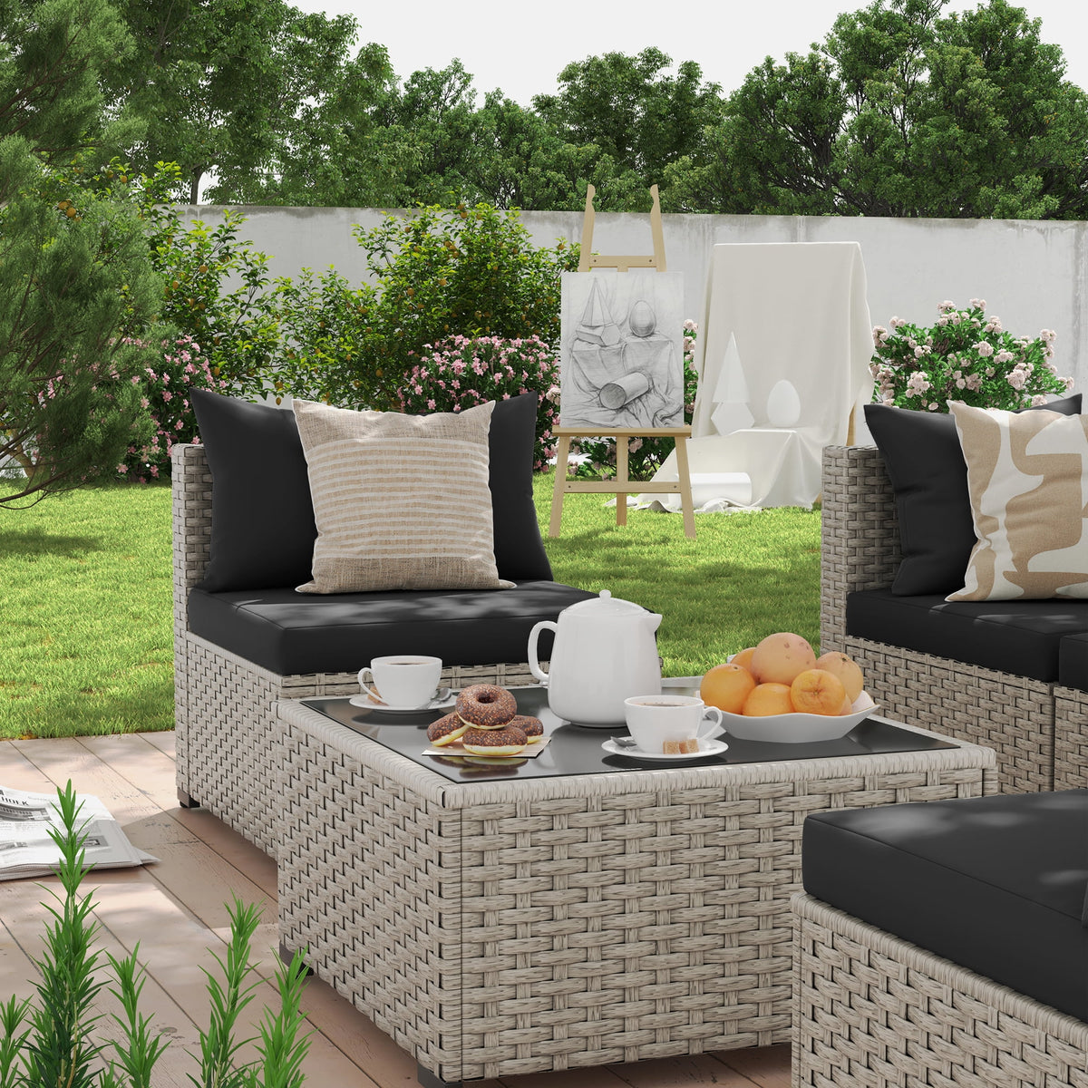7 Pieces Patio Conversation Set, Outdoor Sectional PE Rattan Wicker Furniture Seat,Dark Gray