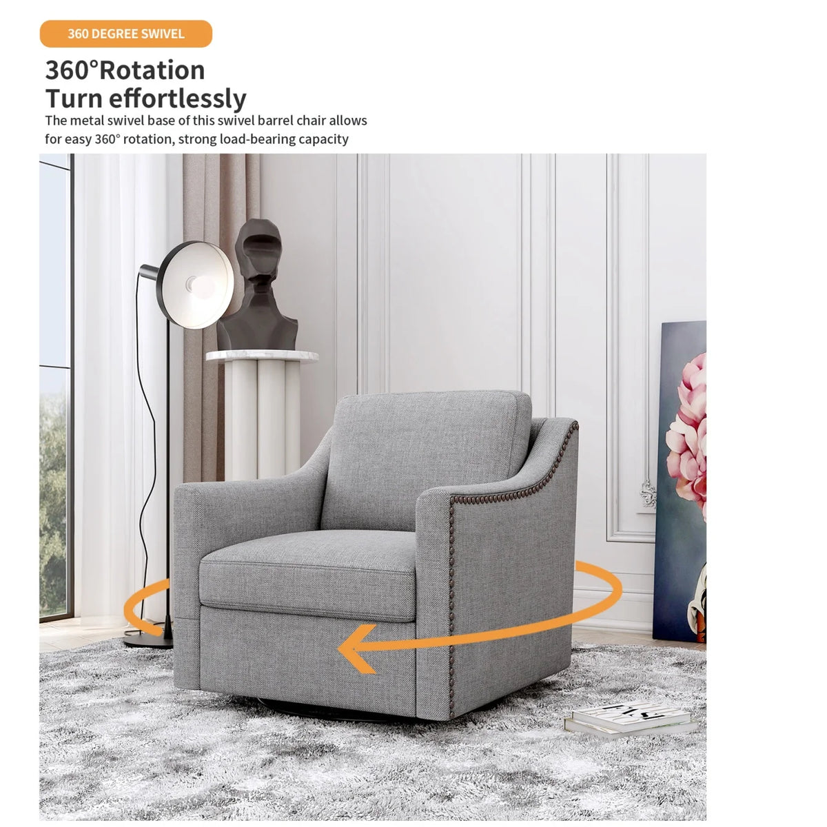 Swivel Accent Chair Armchair, 360�� Swivel Chair in Cotton Linen, Living Room Chairs with Wide Cusion and Curved Armrest, Comfy Barrel Sofa Reading Chairs for Bedroom, Small Spaces, Office, Grey