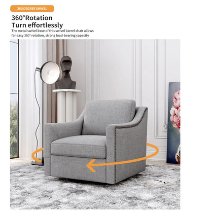 Swivel Accent Chair Armchair, 360�� Swivel Chair in Cotton Linen, Living Room Chairs with Wide Cusion and Curved Armrest, Comfy Barrel Sofa Reading Chairs for Bedroom, Small Spaces, Office, Grey