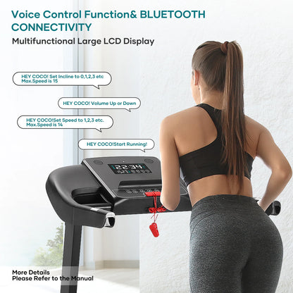 Treadmill with Auto Incline Bluetooth Voice Control  17 in Wide Electric Treadmill Folding Machine 15 Level  Auto 8.8 mhp Speed for Home Use Gifts