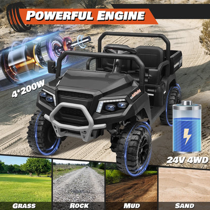Joyracer 4WD 24 Volt Ride on Toys UTV with 2 Seater & Remote Control, Kids Electric Golf Cart w/ 4x200W Power Motors, Tiltable Trailer & Shovel, 4 Wheels Spring Suspension, Bluetooth USB Music, Black