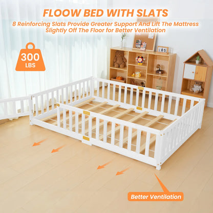 Slsy Twin Size Toddler Floor Bed, Solid Wood Montessori Bed Frame with Fence & Door Montessori Floor Bed Crib with Safety Guardrails for Girls and Boys