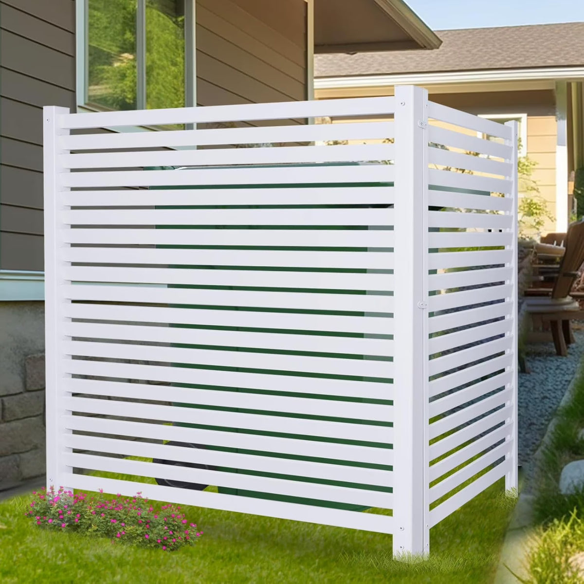 36"W X 45"H Outdoor Privacy Screen, Vinyl Air Conditioner Fence with Metal Stake, No Dig Trash Can Enclosure for Outside- 2 PVC Panels, White, Vertical