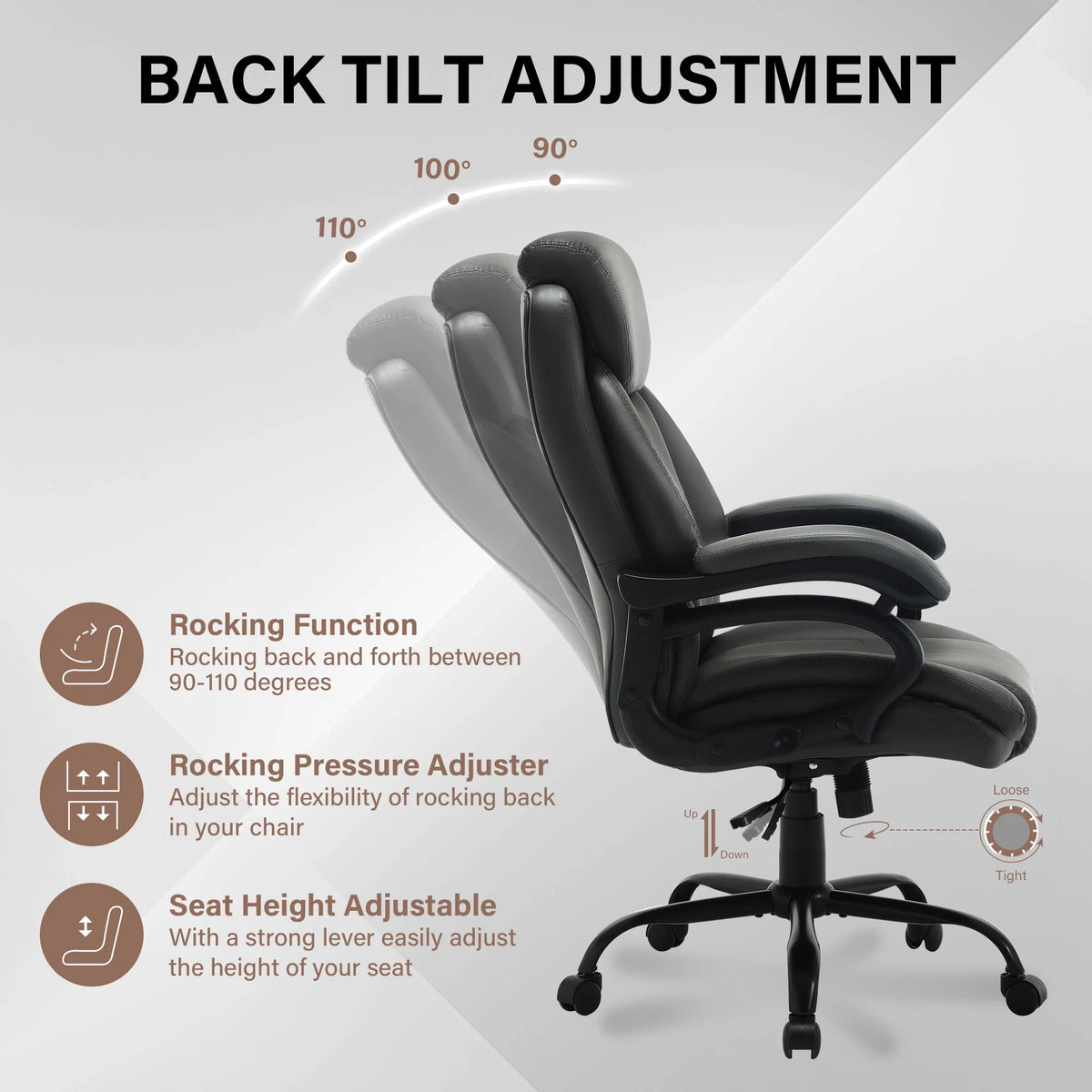 JONPONY Big and Tall Office Chair 500LBS Wide Seat Ergonomic Computer Desk Chair High Back Executive Leather Chair Adjustable Task Chair Lumbar Back Support 8 Hours Heavy Duty Design,Black