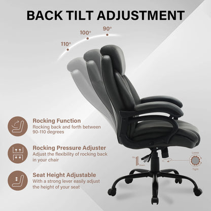 JONPONY Big and Tall Office Chair 500LBS Wide Seat Ergonomic Computer Desk Chair High Back Executive Leather Chair Adjustable Task Chair Lumbar Back Support 8 Hours Heavy Duty Design,Black