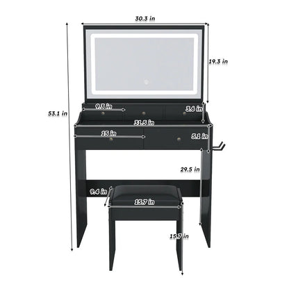 Kadyn Vanity Desk with Lighted Mirror, Vanity Table and Chair Set with 2 Drawers, Dressing Table Makeup Desk with 1 Door, Retro Gray