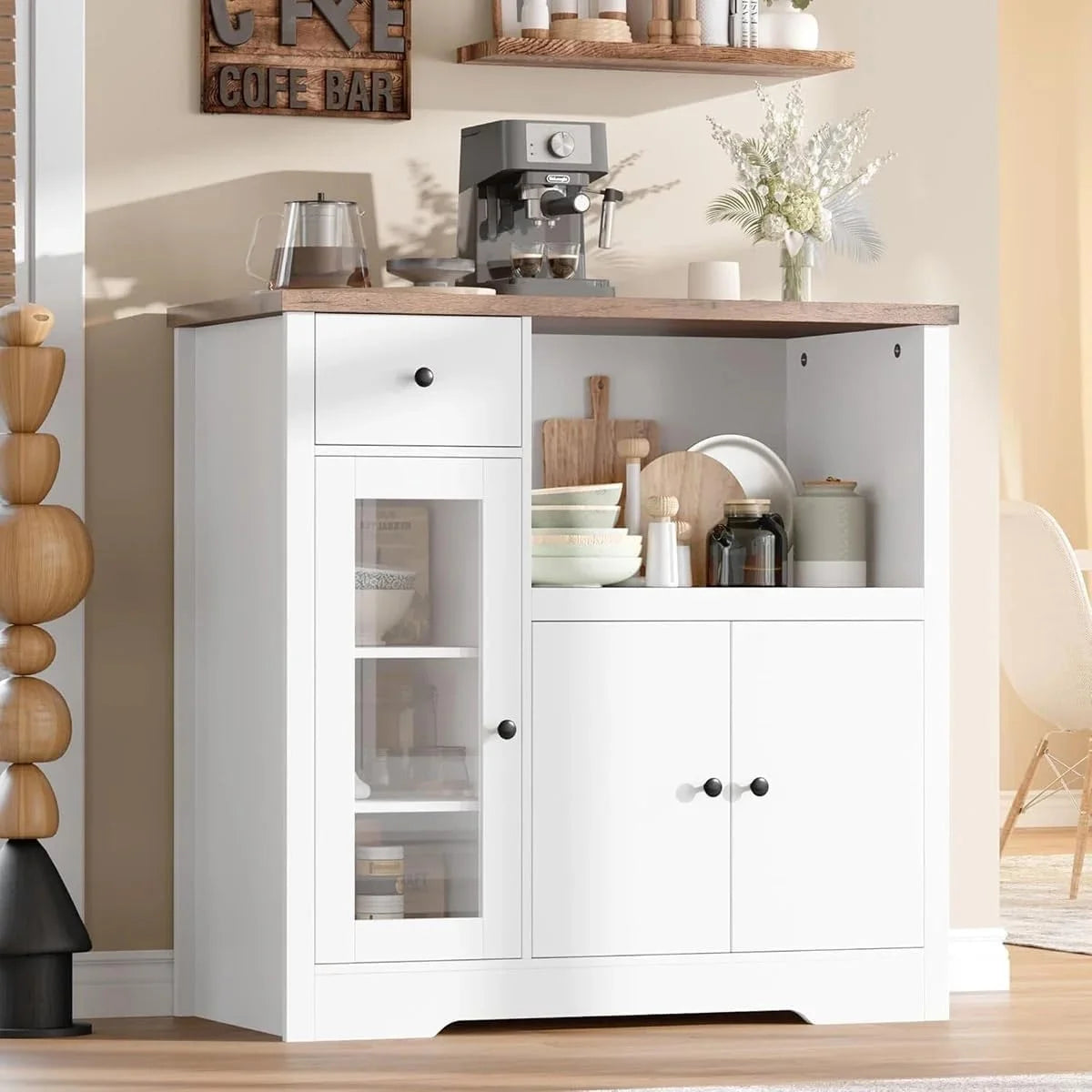Kitchen Microwave Cabinet with Storage,Buffet Sideboard with 3 Doors, 1 Drawer & Adjustable Shelves, Pantry Storage Cabinet, White