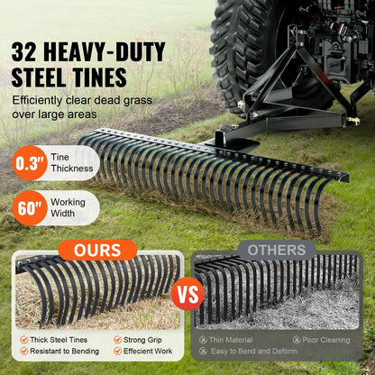 KFFKFF 3-Point Landscape Rake, 60" Pull-Behind Thatch Remover with 32 Steel Tines, Tractor-Compatible 3-Point Hitch Garden Rake with Attachments