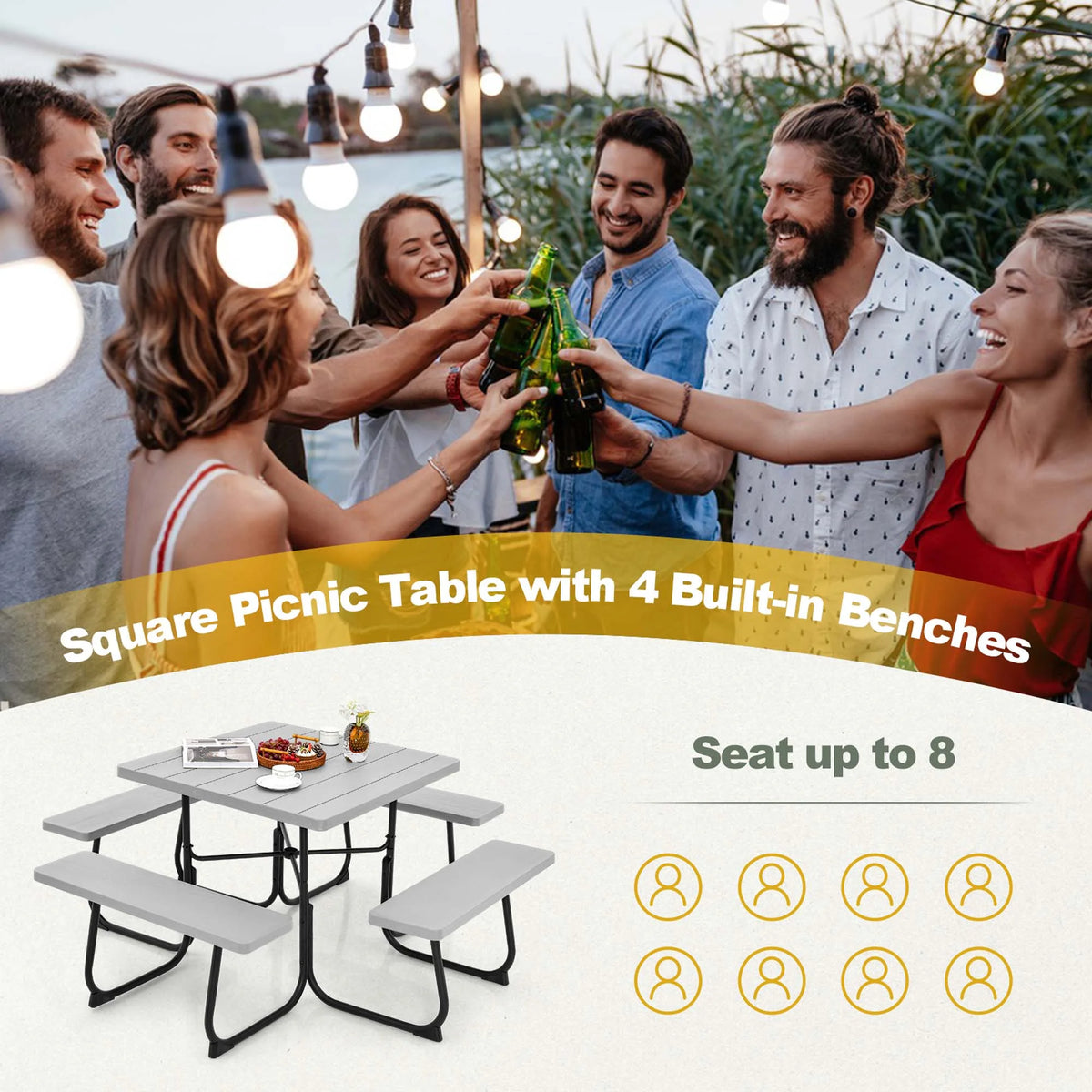 Costway Outdoor 8-person Square Picnic Table Bench Set with 4 Benches & Umbrella Hole White