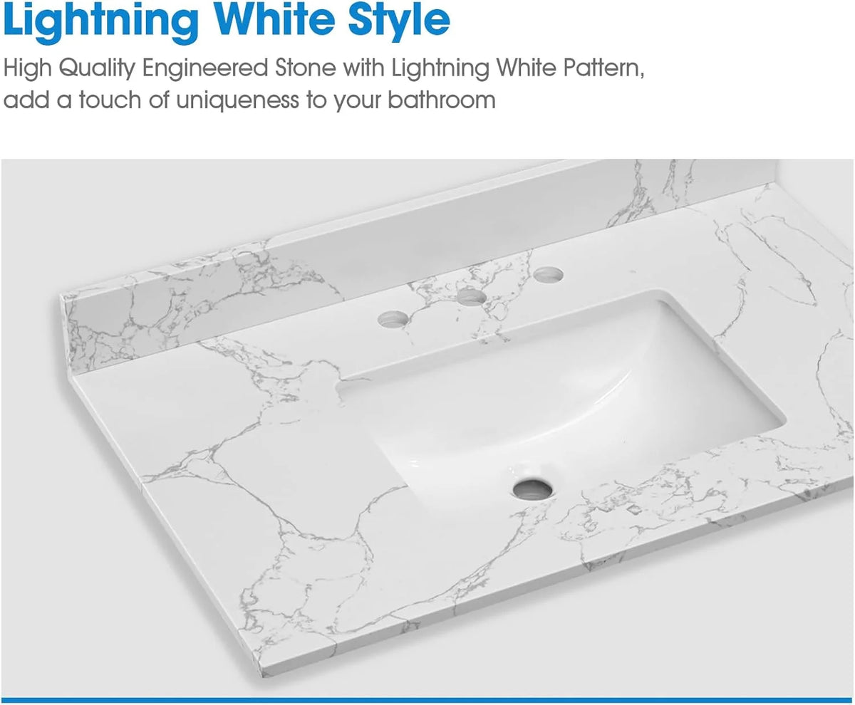 36x22 Engineered Stone Vanity Sink Top, White Bathroom Countertop with Undermount Left Sink, Vanity Top with 8 inch 3 Faucet Hole Spacing and Backsplash
