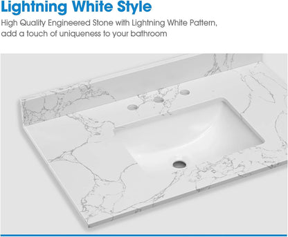 36x22 Engineered Stone Vanity Sink Top, White Bathroom Countertop with Undermount Left Sink, Vanity Top with 8 inch 3 Faucet Hole Spacing and Backsplash