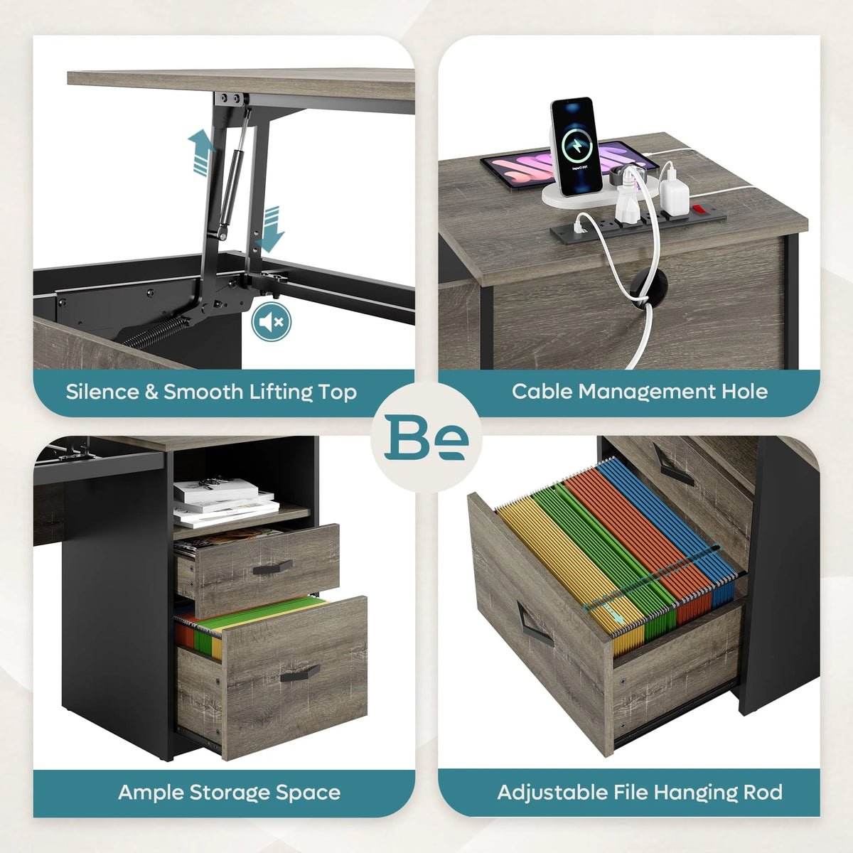 Bestier Computer Desk with Drawers Power Outlet  60" Office Desk Lift Top Desk, Gray