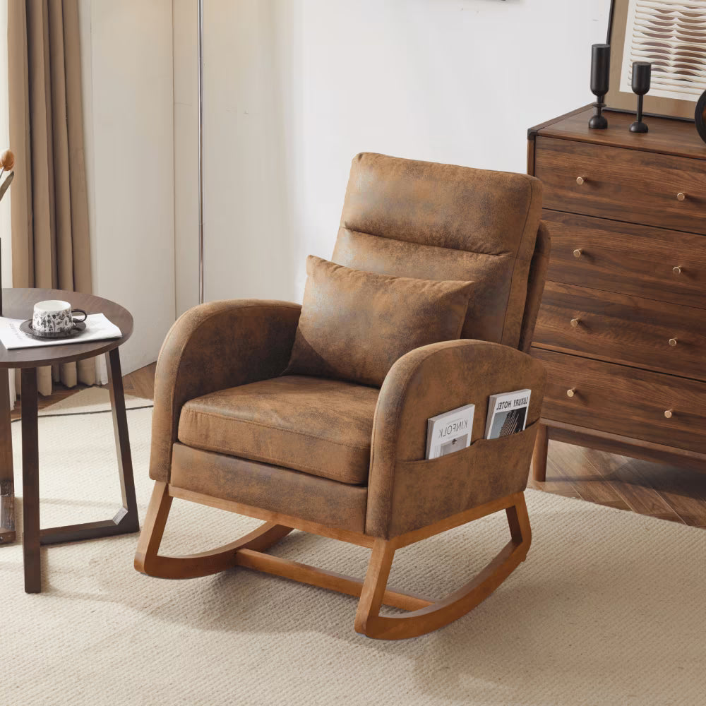 Hassch Upholstered Rocking Chair, Linen Fabric Glider Rocker with High Back, Accent Chair with Solid Wood Base, Reading Chair with Side Pocket for Living Room Bedroom Balcony, Gray