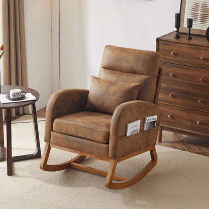 Hassch Upholstered Rocking Chair, Linen Fabric Glider Rocker with High Back, Accent Chair with Solid Wood Base, Reading Chair with Side Pocket for Living Room Bedroom Balcony, Gray