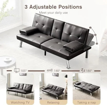 Convertible Folding Futon Sofa Bed Sleeper Couch for Living Room, Modern Faux Leather Upholstered Loveseat w/Removable Armrests, Metal Legs, 2 Cup Holders, Love Seat Sofa Bed for Small Spaces (Brown)
