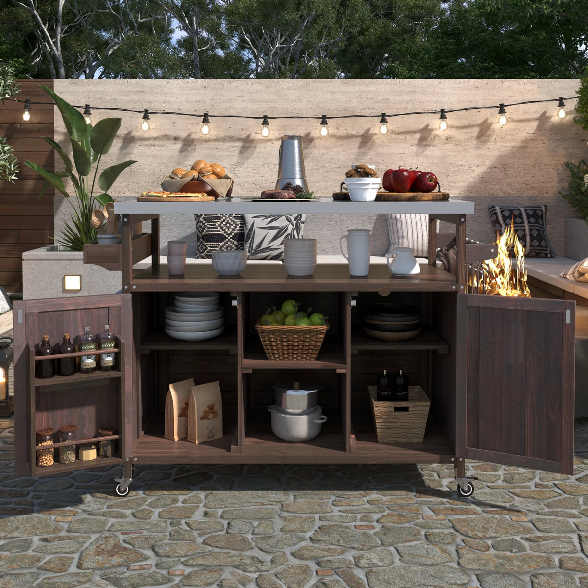 Bellemave Outdoor Serving Cart Kitchen Island Solid Wood Mobile Rolling Bar Cart with Lockable Wheels, Rack and Stainless Steel Top Beverage Storage Counter Table with Cabinet for Patio, Natural