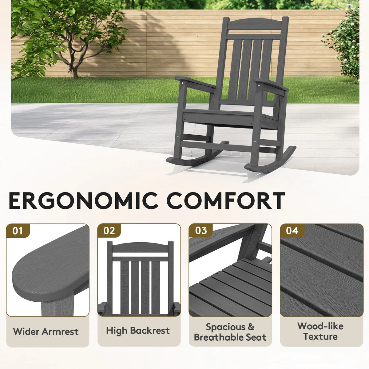KINGYES HDPE Outdoor Rocking Chairs Set of 2,HDPE Patio Rocker for Porch,Black