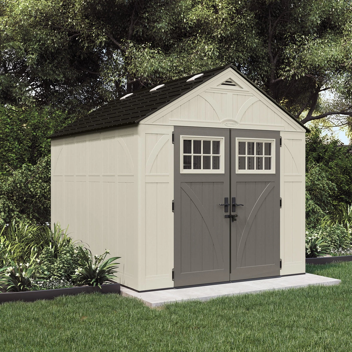 Suncast Metal and Resin Storage Shed, Vanilla, 8ft x 10ft, 547 Cu. ft. coverage area