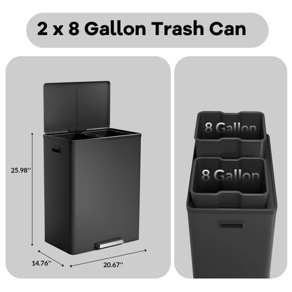 JoanKaren 16 Gallon Stainless Steel Dual Compartment Step Kitchen Trash Can with Lid & 2 Removable Wastebaskets,Kitchen Garbage Can & Recycling Bin,Black