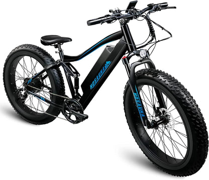 Electric Bike Electric Mountain Bike 500W Ebike26'' Fat Tire Ebike, 28+MPH Adults Ebike with Removable 48V 15Ah Battery, Shimano 6-Speed Black