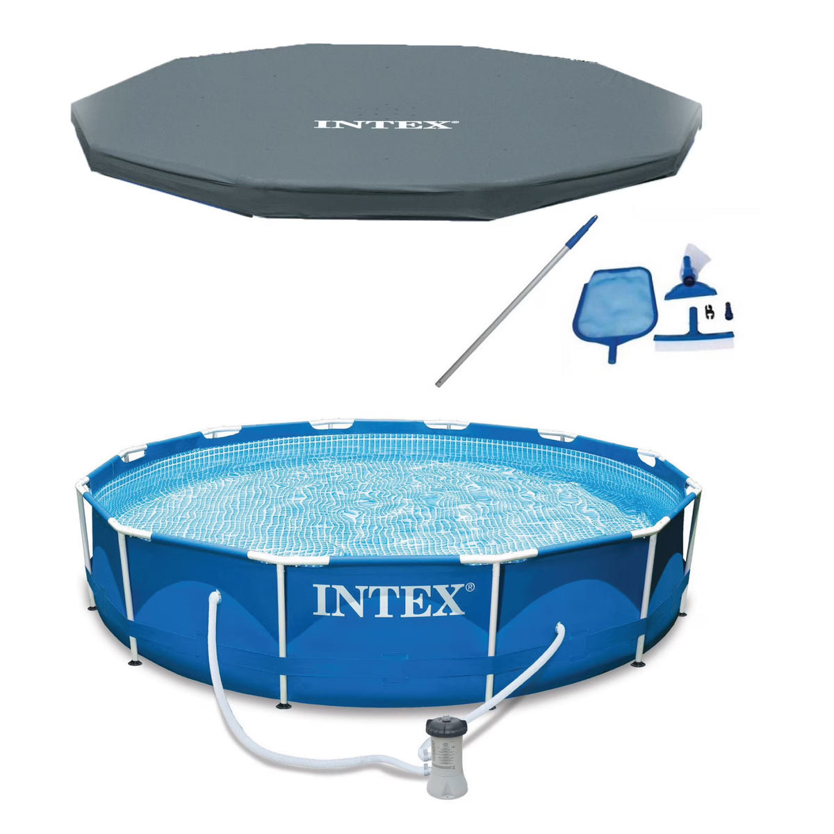 Intex 12 Ft x 30 Inches Metal Frame Set Above Ground Swimming Pool with Filter & Cover