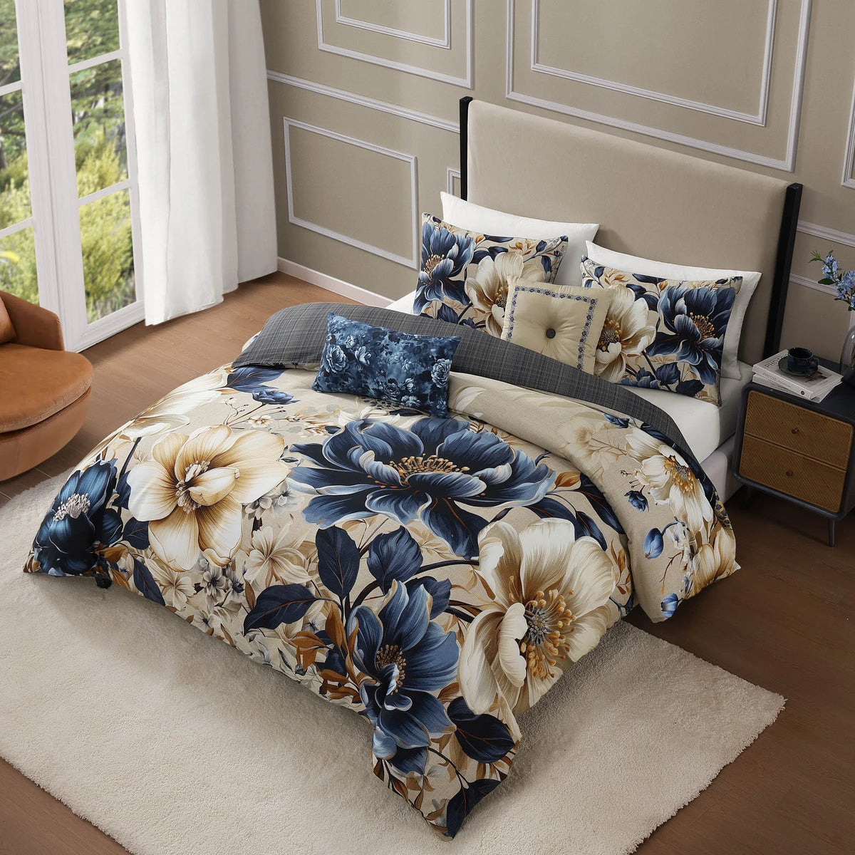 Bebejan English Manor 5 Piece Comforter Set, Queen, Blue, 220 Thread Count, 100% Cotton Sateen, Reversible