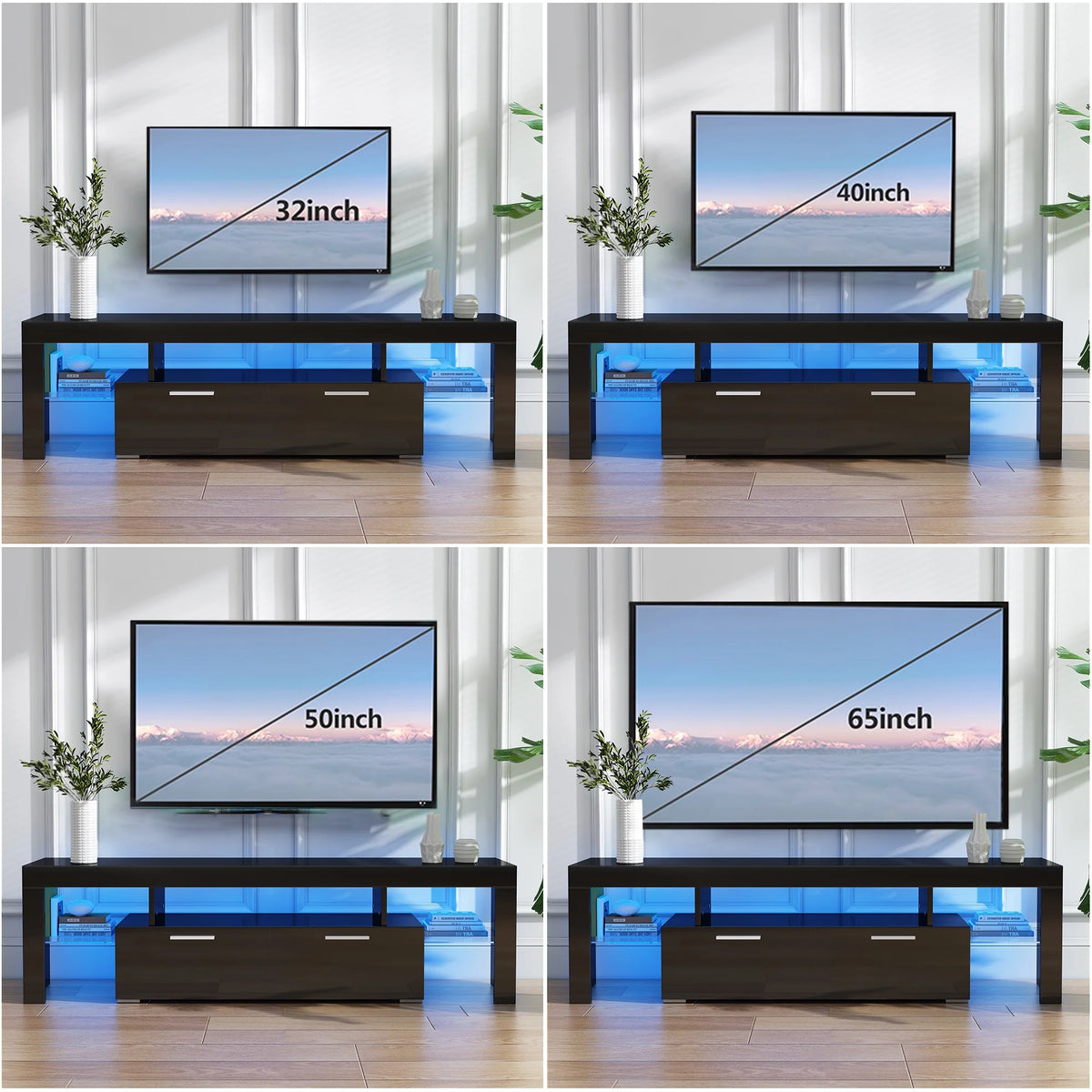 UHOMEPRO TV Stand for TV up to 70", Living Room Entertainment Center with RGB LED Lights and Storage Shelves Furniture, White High Gloss TV Cabinet Console Table