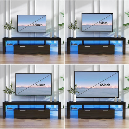 UHOMEPRO TV Stand for TV up to 70", Living Room Entertainment Center with RGB LED Lights and Storage Shelves Furniture, White High Gloss TV Cabinet Console Table