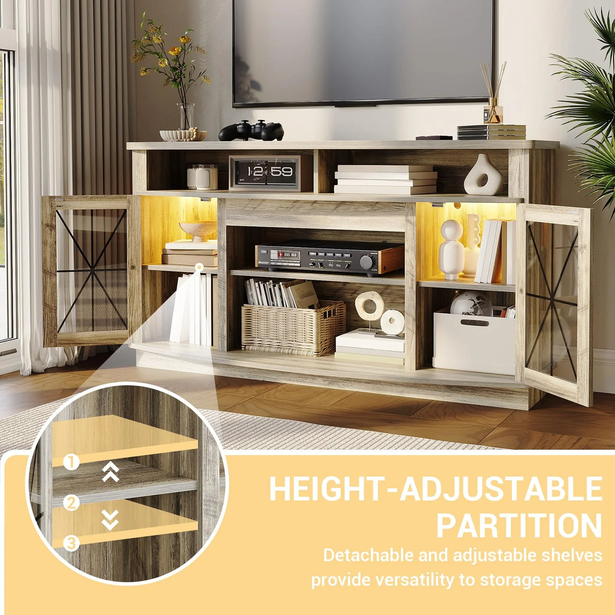 TROPOW Tv Stands for Living Room,Modern Entertainment Center with 2 Acrylic Doors,Led Light Media Console,TV Cabinet with Power Outlets & Adjustable Shelves for Living Room Bedroom,Gray