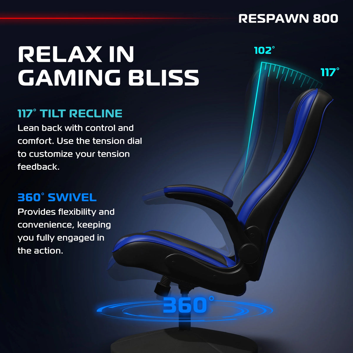 RESPAWN 800 Swivel Rocker Gaming Chair - Ergonomic Floor Gaming Seat with Lumbar Support, Flip Up Armrest, High Back, Pedestal Base, Comfortable No Wheels Console Video Game Rocker Chair - Red
