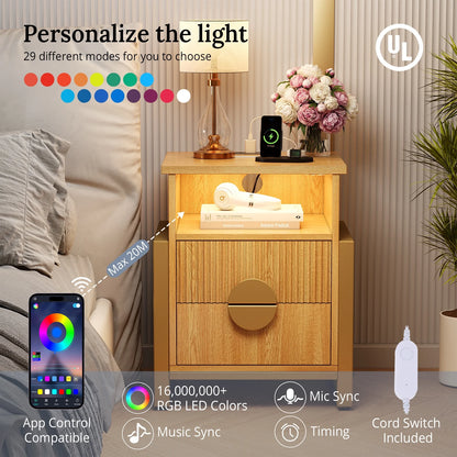 LGHM 3 Piece Bedroom Dresser and Nightstand Set, Fluted Wide Chest of Drawers, Bed Side Table End Table with LED Lights for Living Room, Black