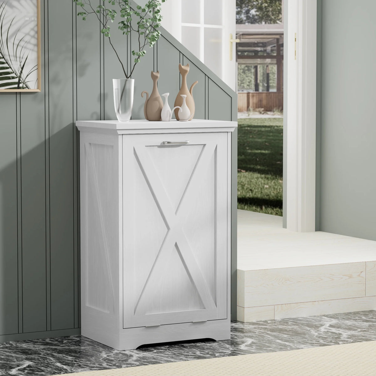 Tolead Double Tilt Out Trash Cabinet, Wooden Free Standing Laundry Sorter Cabinet, with Hideaway Drawer, White